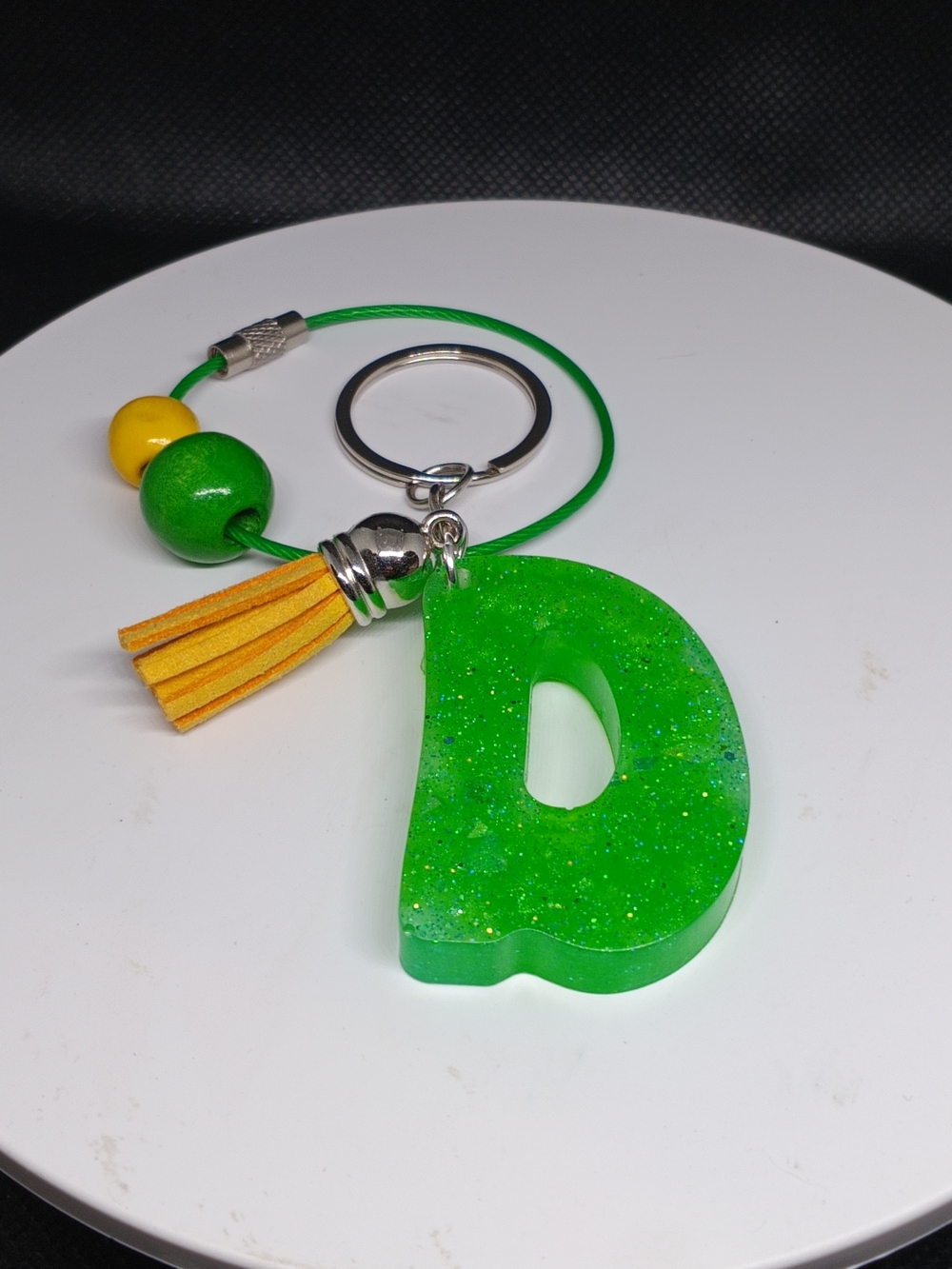 Personalized Kids Keychain - Letter D in Bright Green with Yellow Tassel